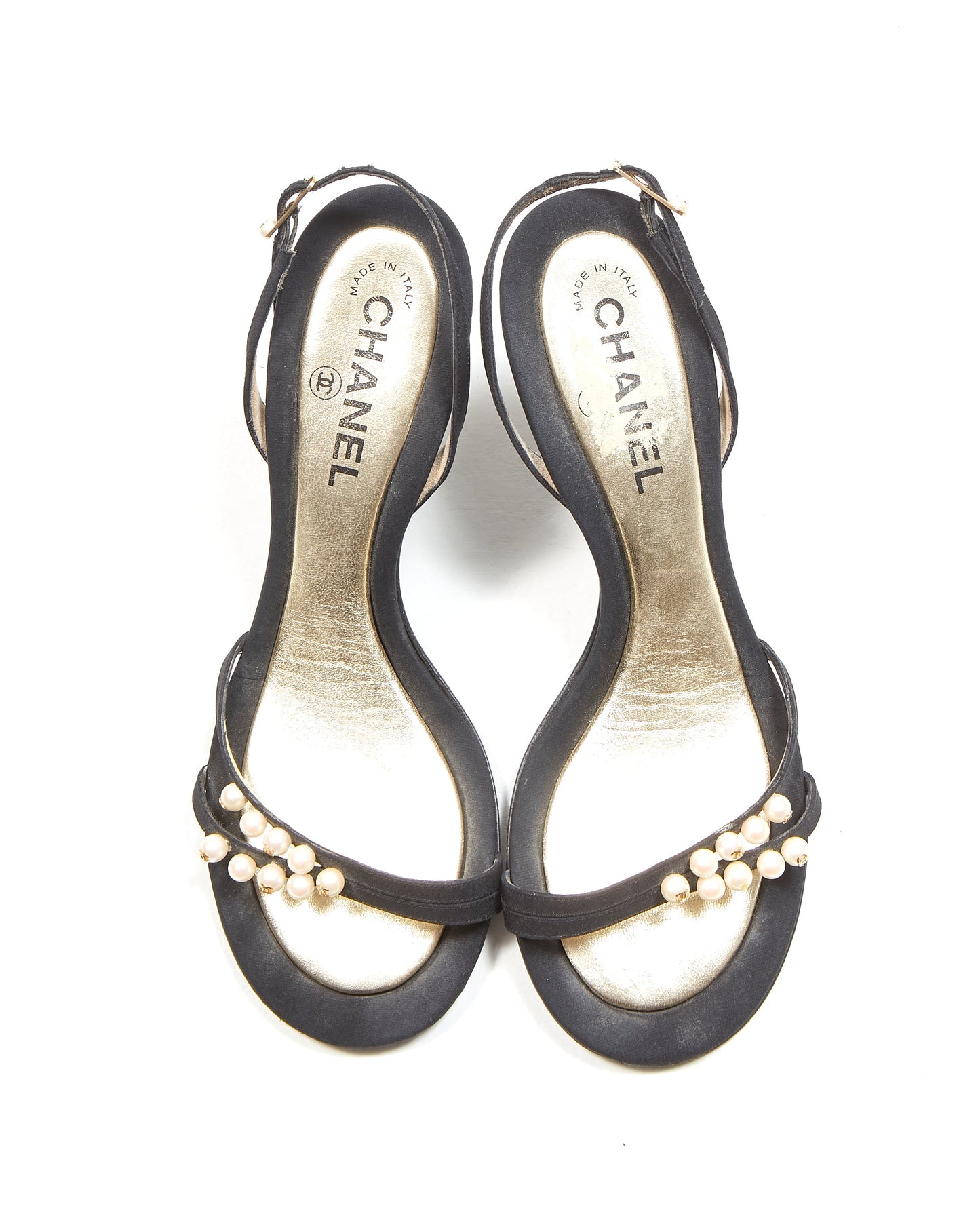 Chanel Black Satin Pearl Accent Sandal - 38