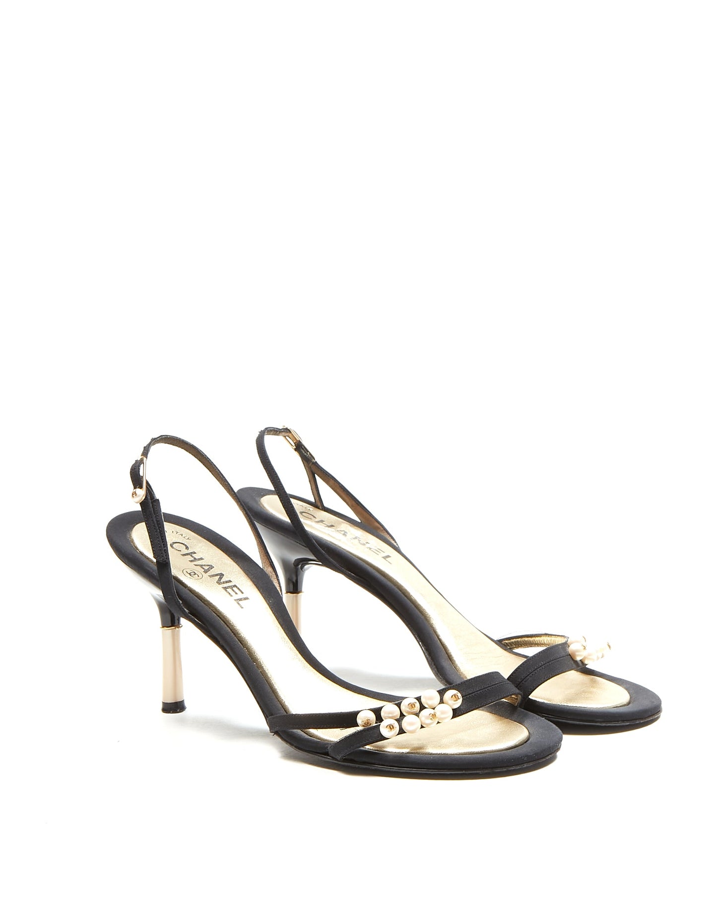 Chanel Black Satin Pearl Accent Sandal - 38