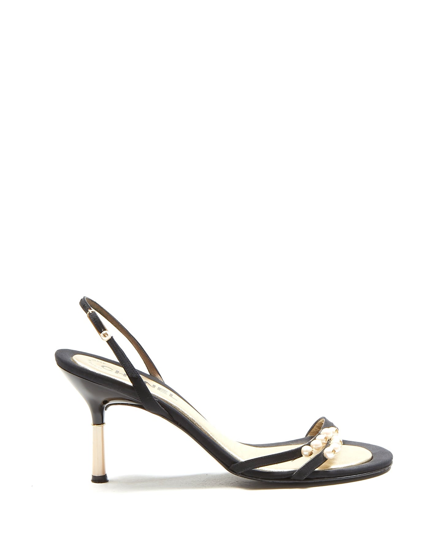 Chanel Black Satin Pearl Accent Sandal - 38
