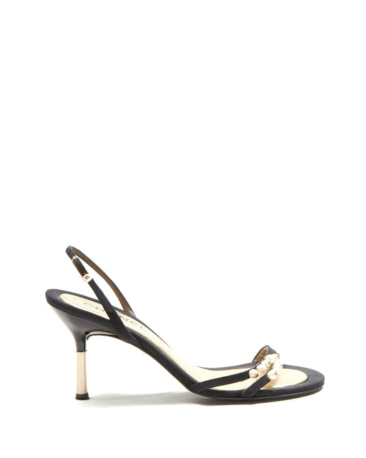 Chanel Black Satin Pearl Accent Sandal - 38