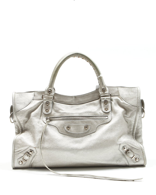 Balenciaga Metallic Silver Leather Motocross Classic City Bag