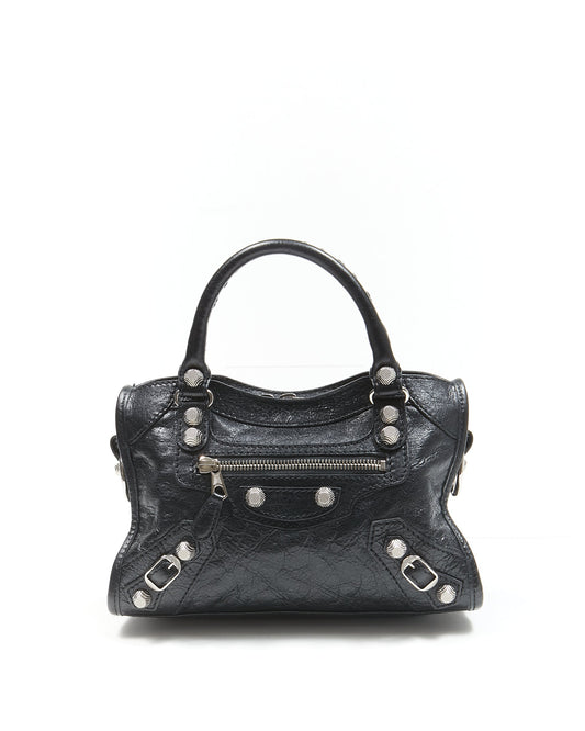 Balenciaga Black Crinkle Leather Motocross Giant 12 Mini City Bag