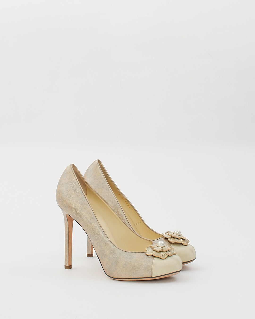 Chanel Grey Metallic Camellia Flower Pearl Pumps - 39