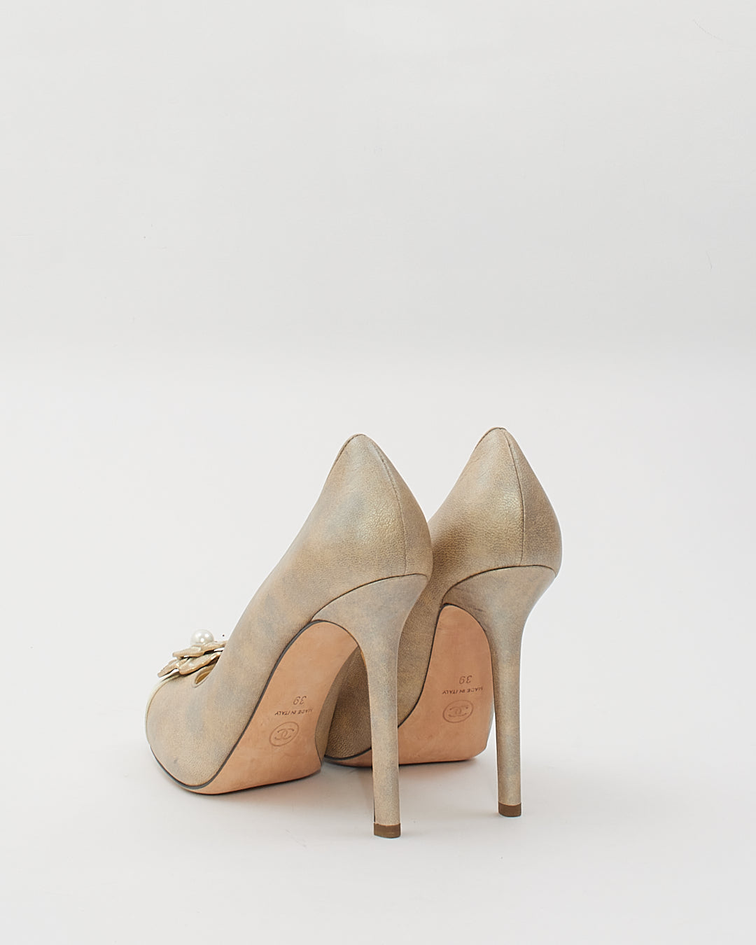 Chanel Grey Metallic Camellia Flower Pearl Pumps - 39