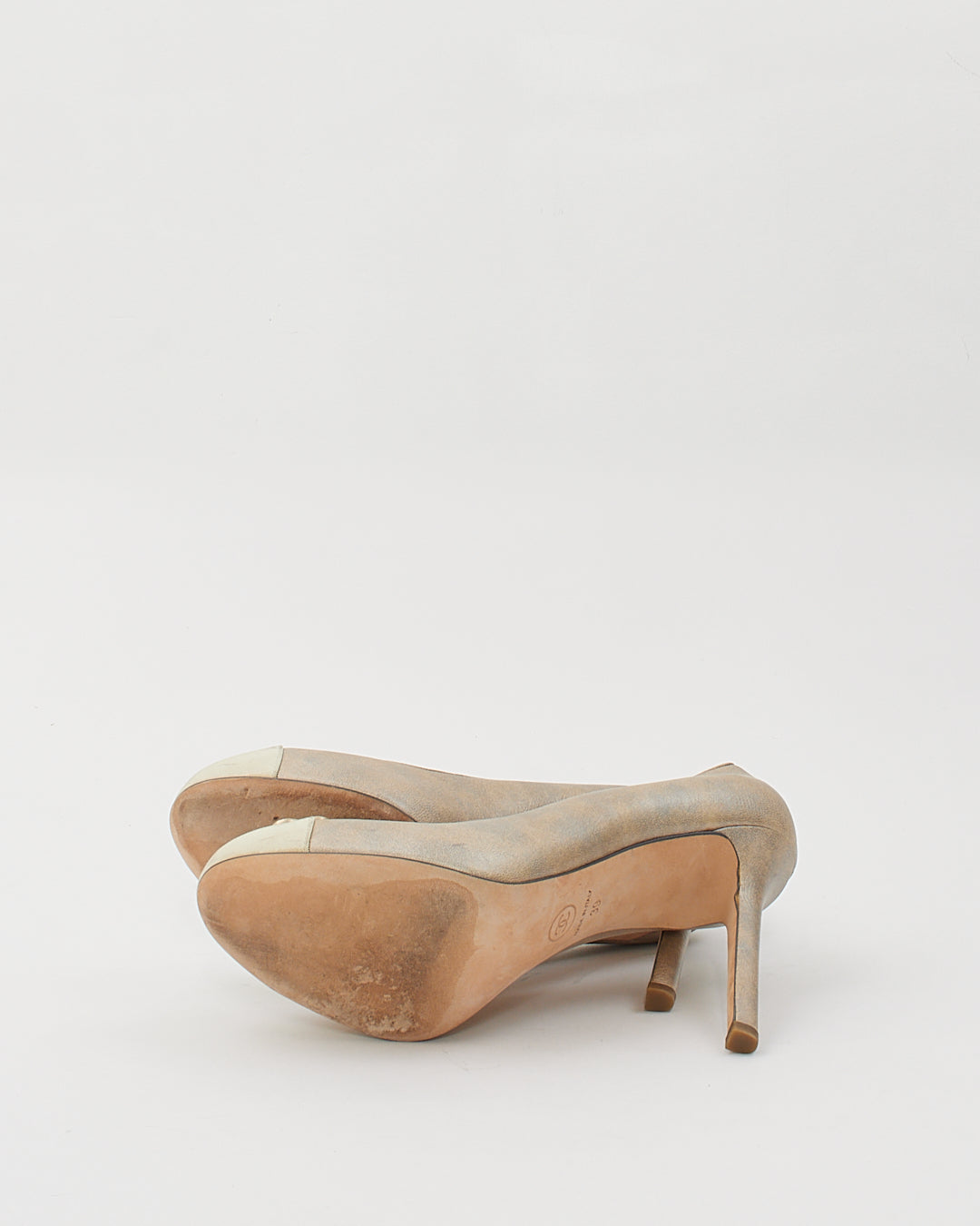 Chanel Grey Metallic Camellia Flower Pearl Pumps - 39