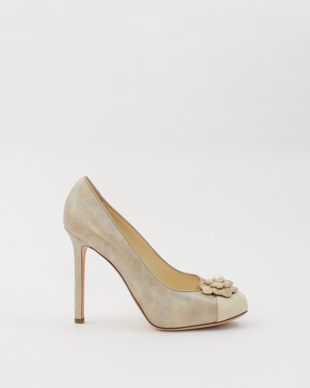 Chanel Grey Metallic Camellia Flower Pearl Pumps - 39