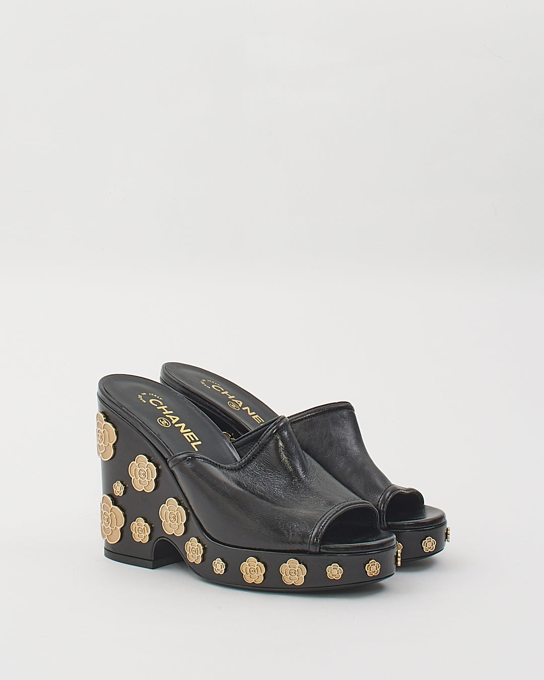 Chanel Black Leather Gold Camellia Flower Embellished Wedge Heels - 40