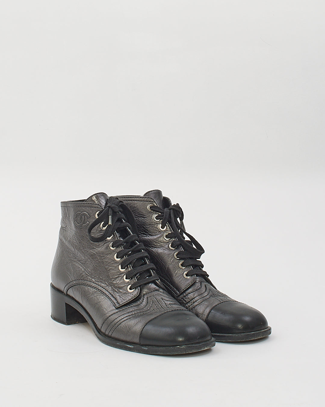 Chanel Black Metallic Leather Lace Boots - 41