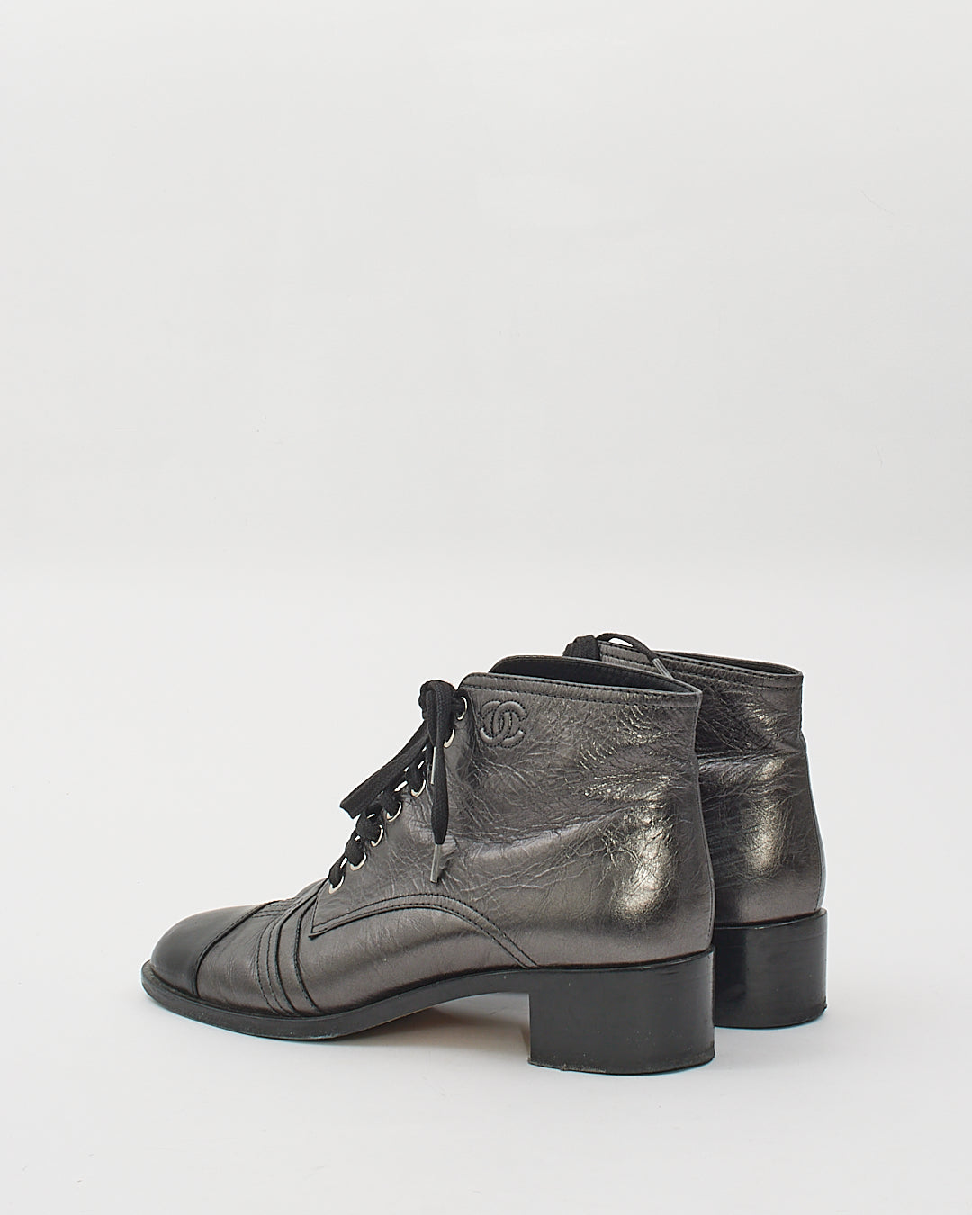 Chanel Black Metallic Leather Lace Boots - 41