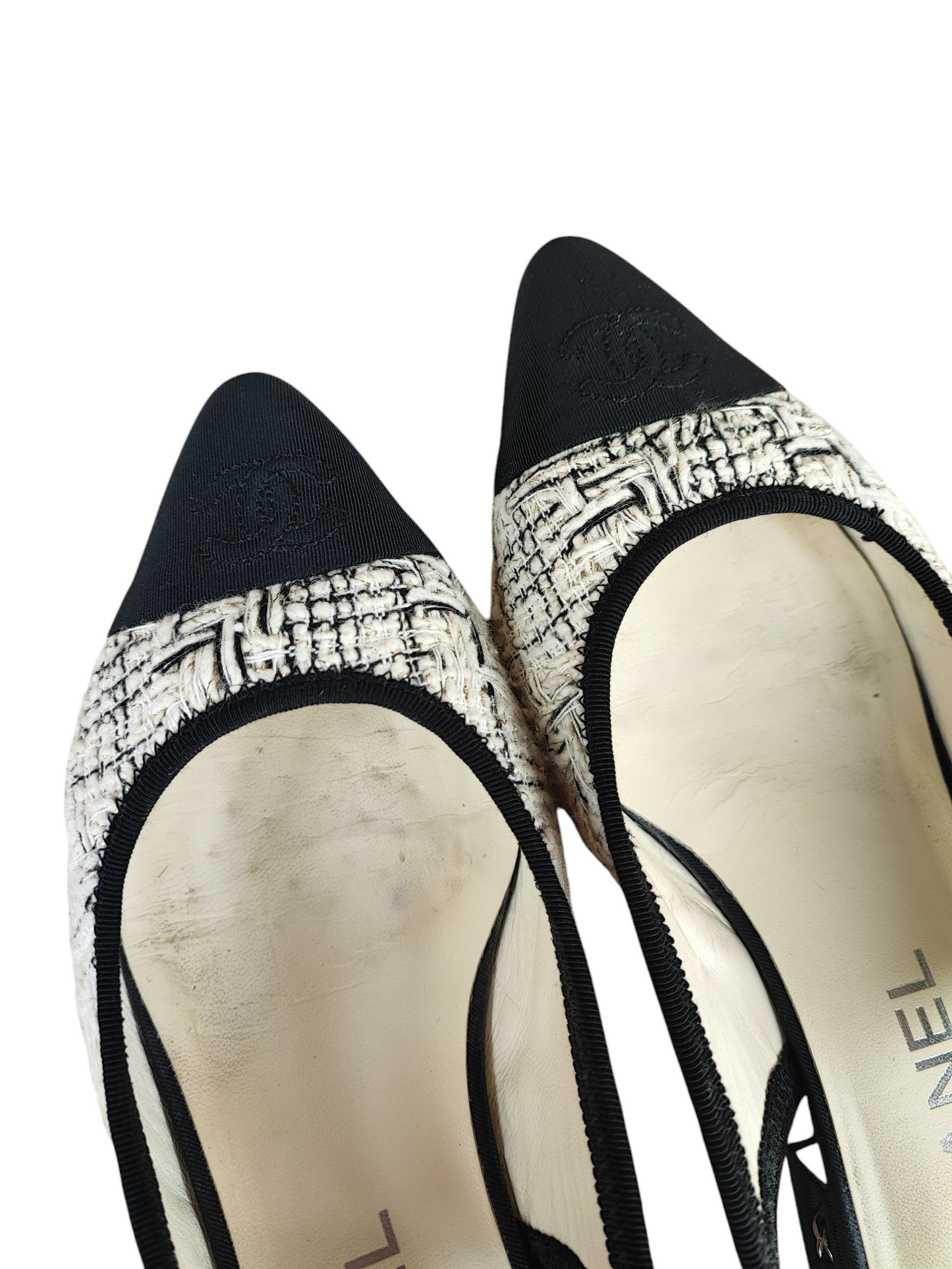 Chanel - Slingback Tweed blanc cassé T37 1/2
