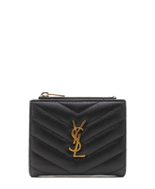 Matelassé Leather Cassandre Zip Compact Wallet Black