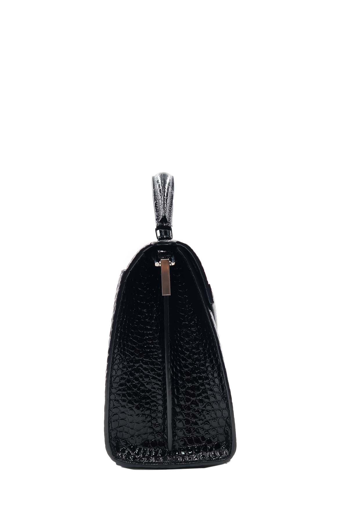 Medium Cassandra Top Handle Bag Crocodile Embossed Black