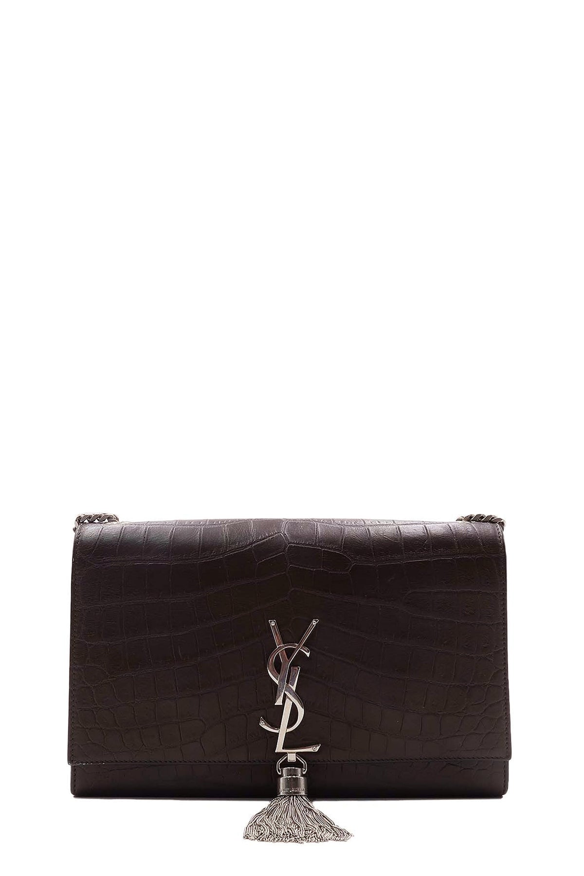 Monogram Medium Kate with Tassel Crocodile Embossed Matte with Silver Hardware Dark Brown