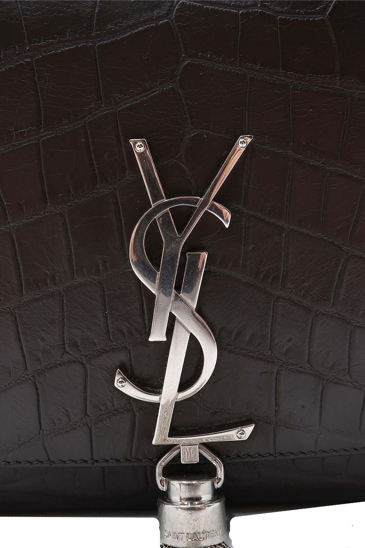 Monogram Medium Kate with Tassel Crocodile Embossed Matte with Silver Hardware Dark Brown