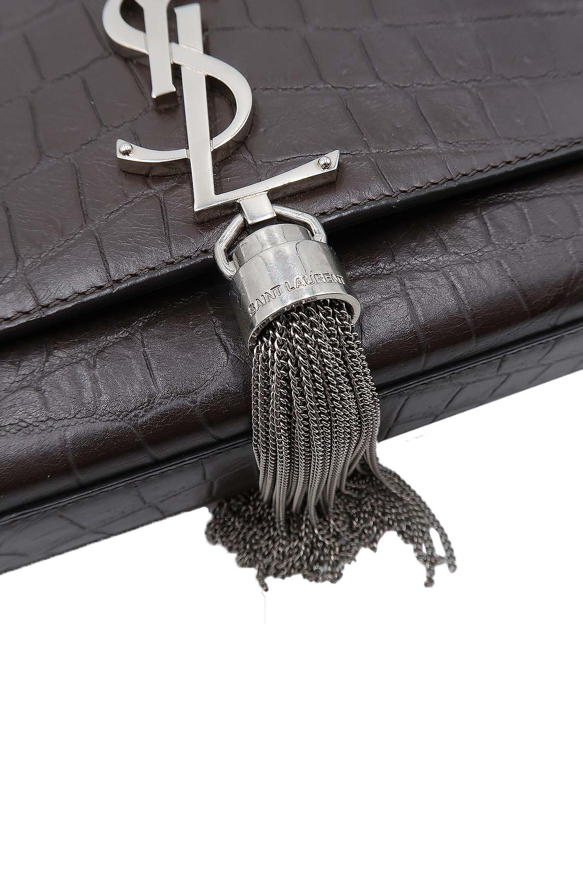 Monogram Medium Kate with Tassel Crocodile Embossed Matte with Silver Hardware Dark Brown