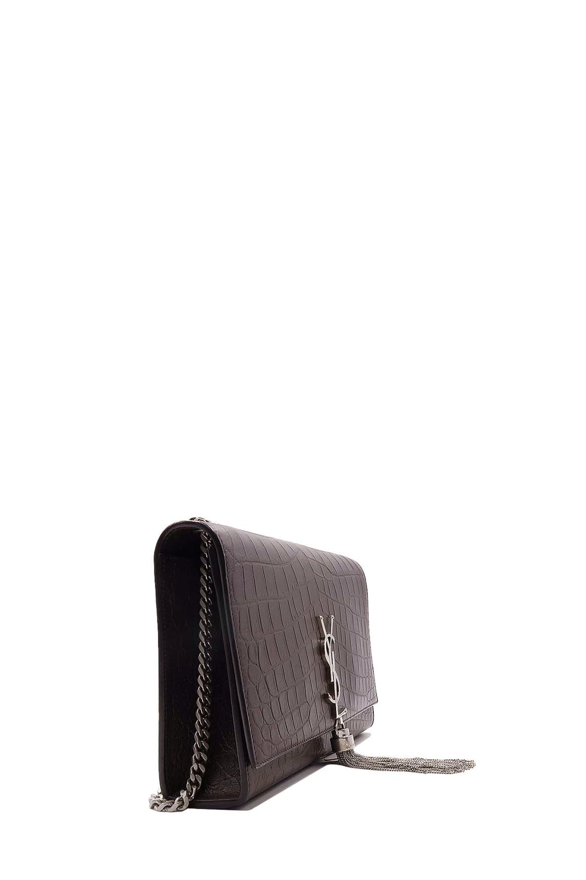 Monogram Medium Kate with Tassel Crocodile Embossed Matte with Silver Hardware Dark Brown