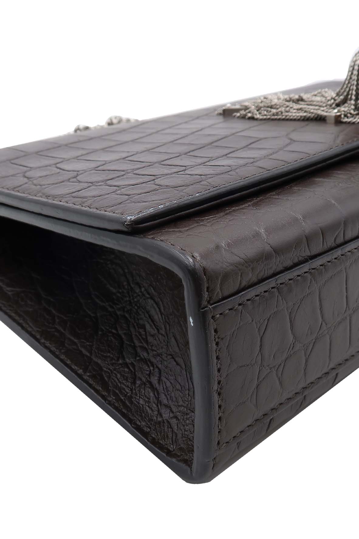 Monogram Medium Kate with Tassel Crocodile Embossed Matte with Silver Hardware Dark Brown