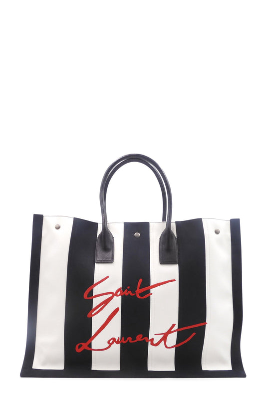 Striped Canvas Noe Cabas Tote Black White