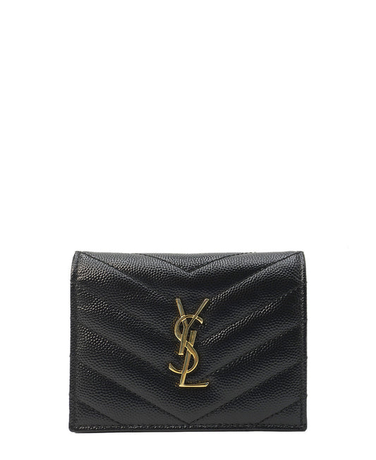 Matelasse Leather Monogram Compact Wallet Black