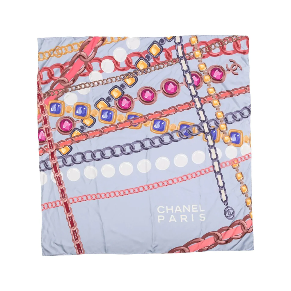 Top Quality Chanel Light Blue Chain Motif Silk Scarf