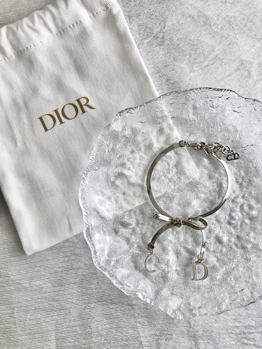 Christian Dior CD Logo Ribbon Motif Bracelet Silver Vintage p5ds86