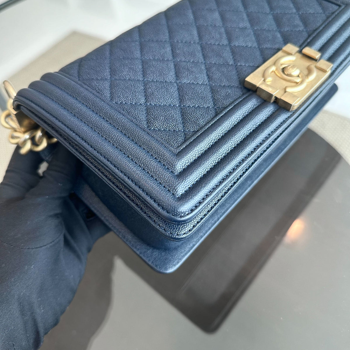 *Series 27, 2019* Boy Caviar Old Medium 25CM Quilted Calfskin Dark Blue GHW No 27  S$5,600
