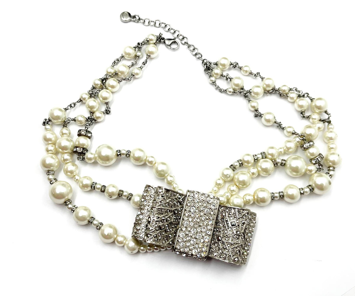 CHANEL Rare Silver Large Bow Crystal 3 Strand Pearl Necklace