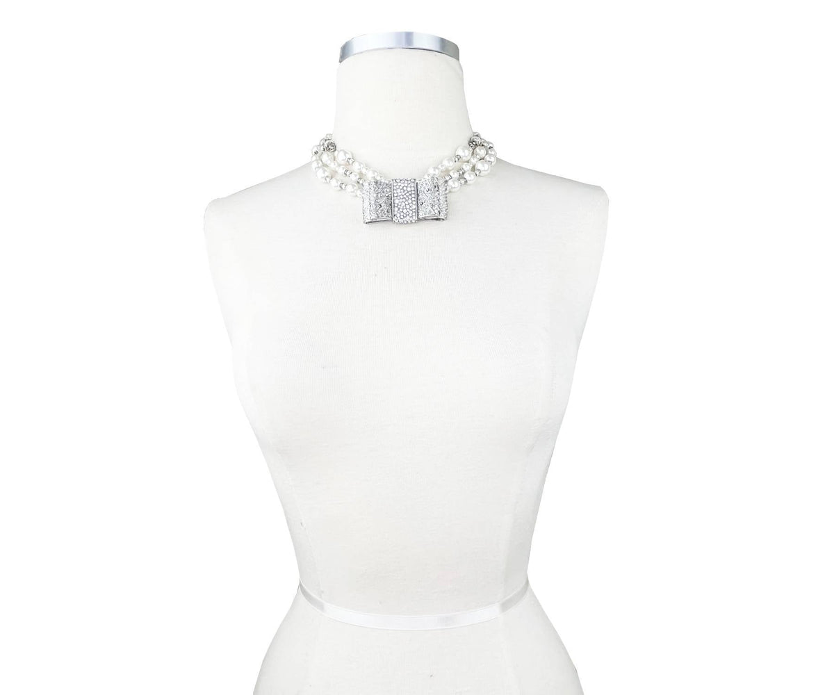 CHANEL Rare Silver Large Bow Crystal 3 Strand Pearl Necklace