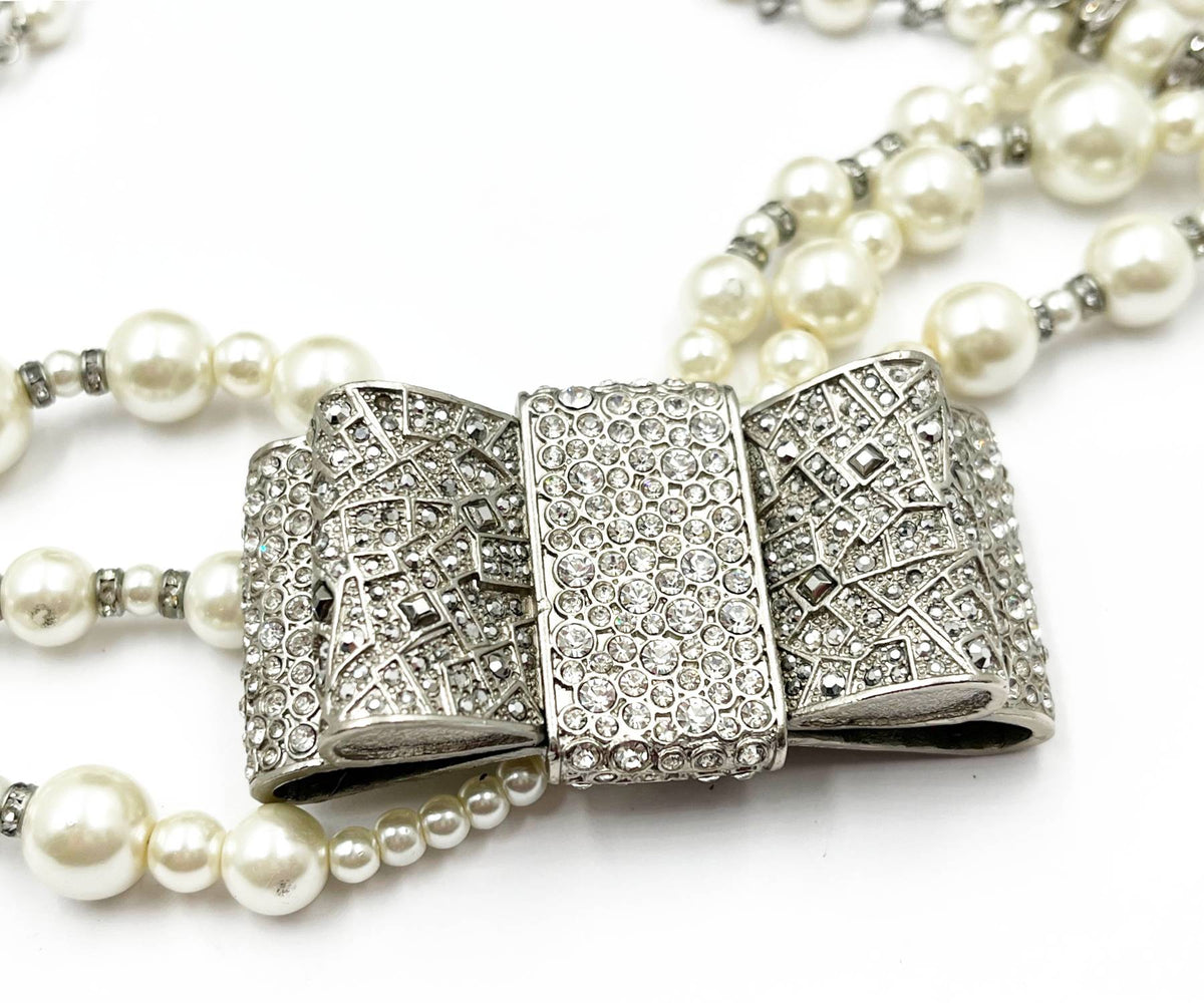 CHANEL Rare Silver Large Bow Crystal 3 Strand Pearl Necklace