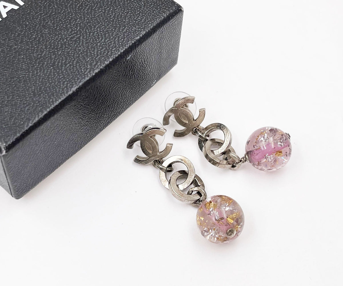 CHANEL Silver CC Chain Purple Bead Long Piercing Earrings