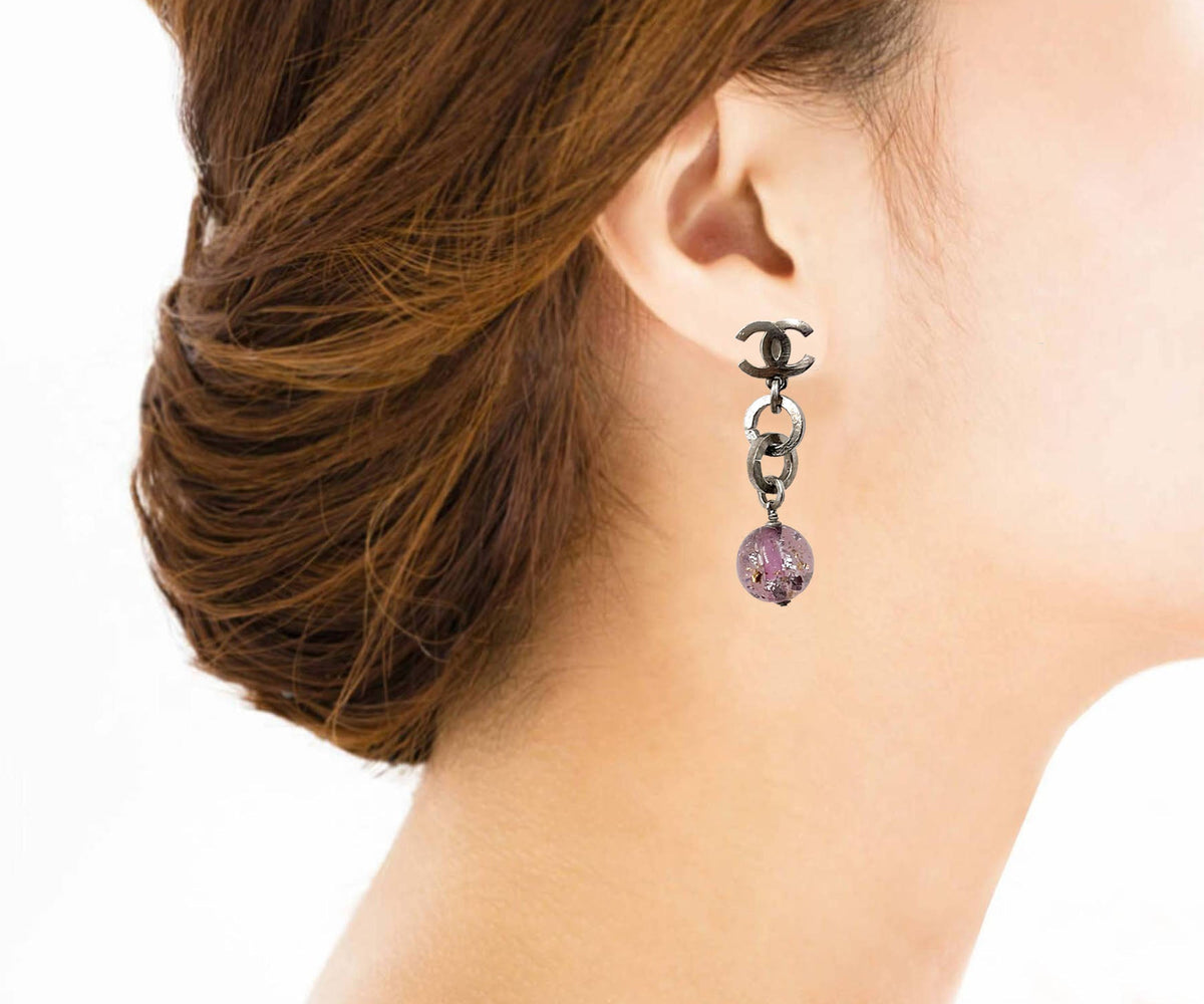 CHANEL Silver CC Chain Purple Bead Long Piercing Earrings