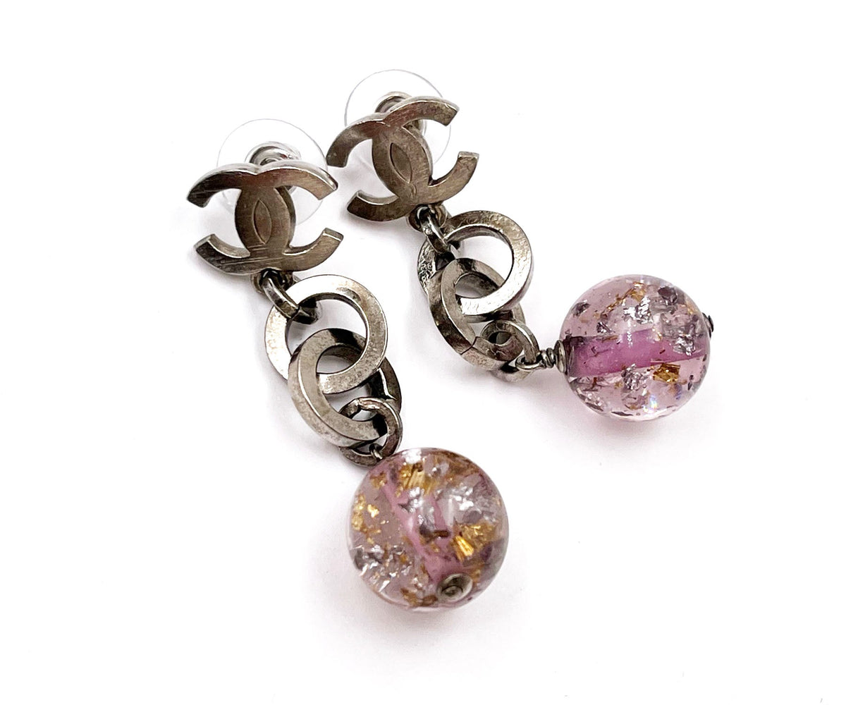 CHANEL Silver CC Chain Purple Bead Long Piercing Earrings