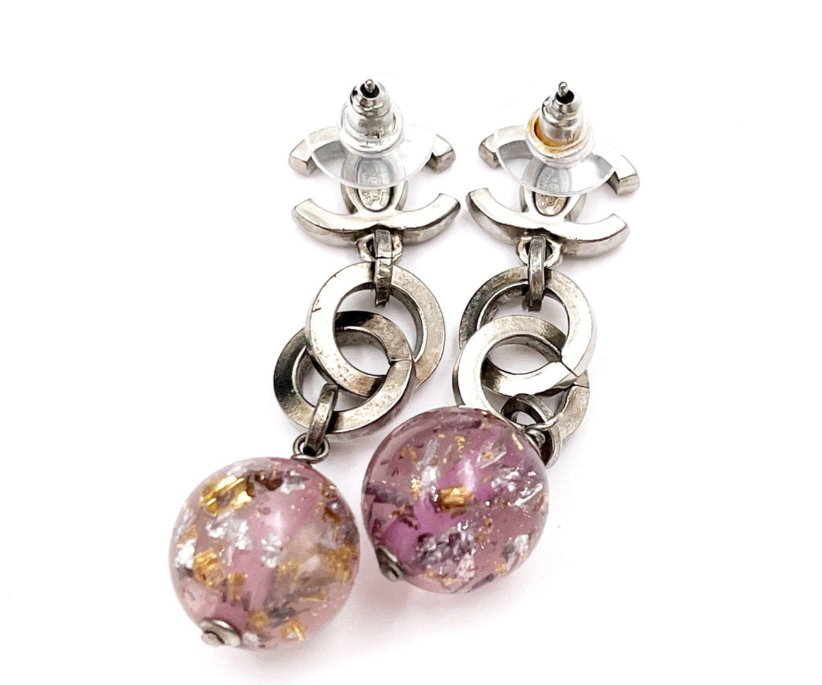 CHANEL Silver CC Chain Purple Bead Long Piercing Earrings