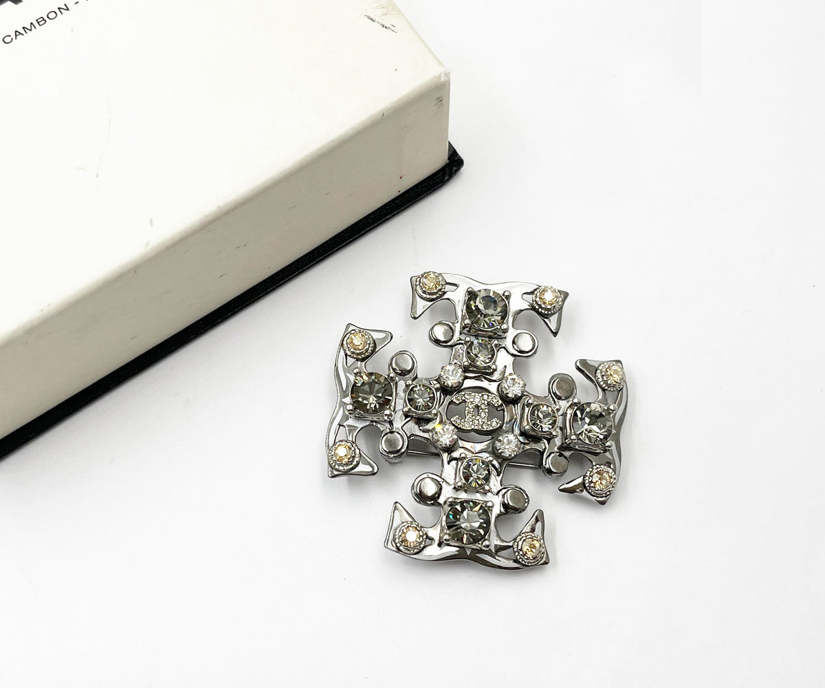 CHANEL Silver CC Peach Grey Crystal Cross Brooch
