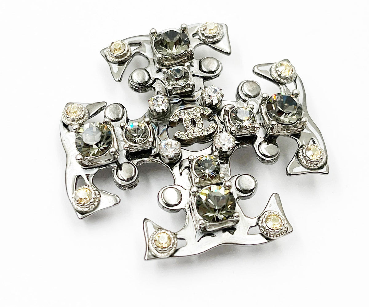 CHANEL Silver CC Peach Grey Crystal Cross Brooch