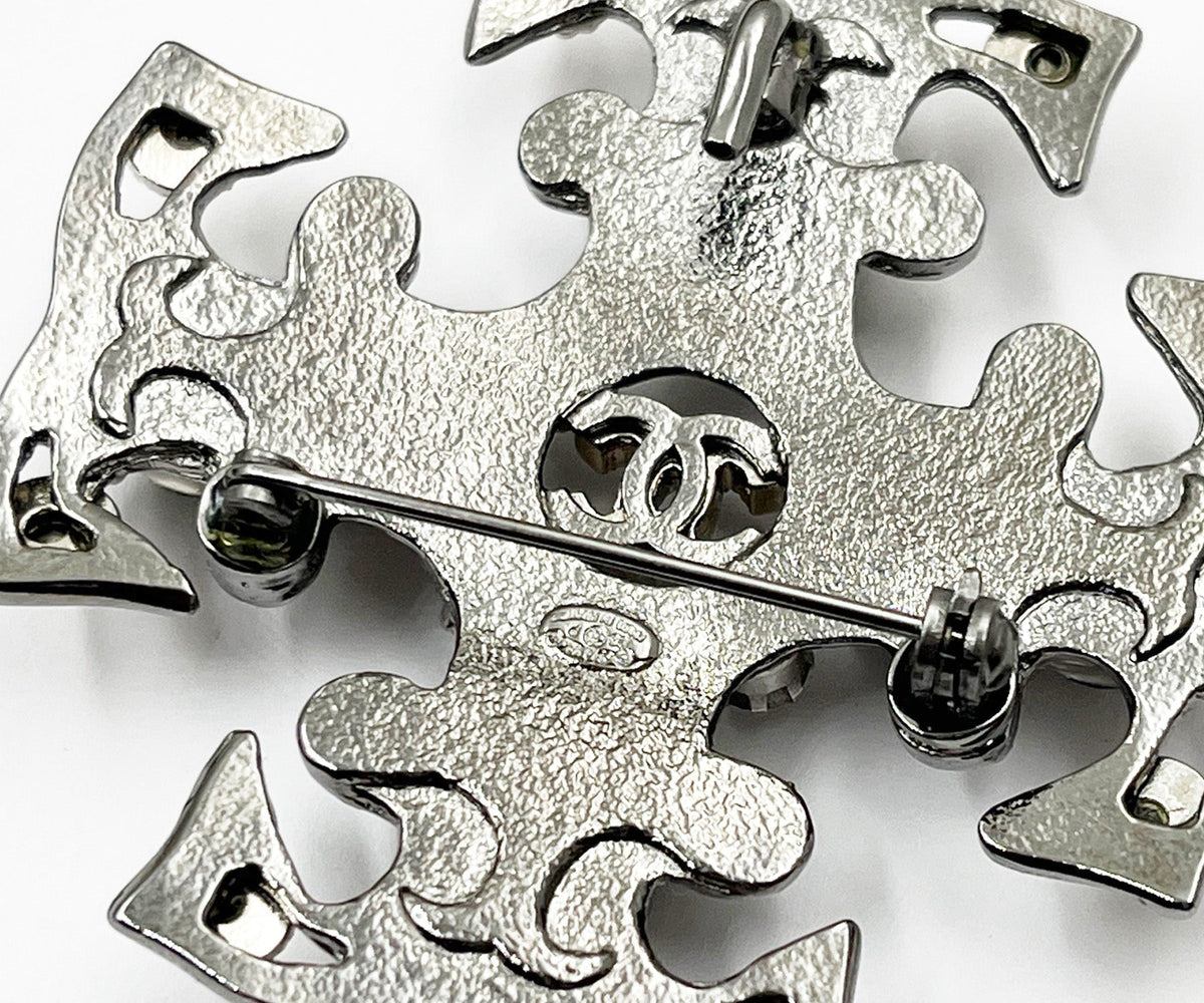 CHANEL Silver CC Peach Grey Crystal Cross Brooch