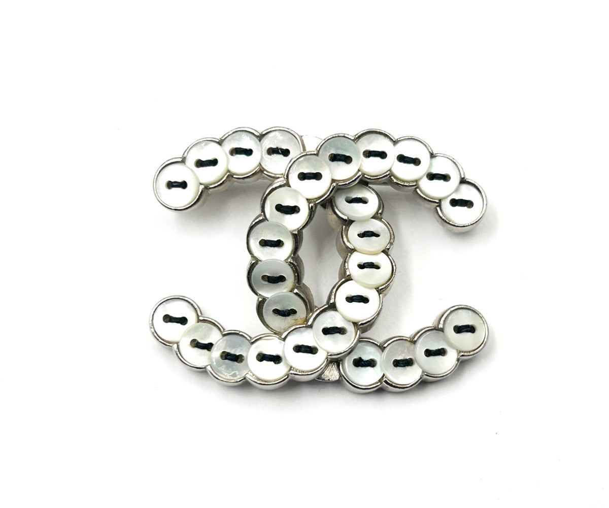 CHANEL Rare Silver CC Mother of Pearl Button Brooch
