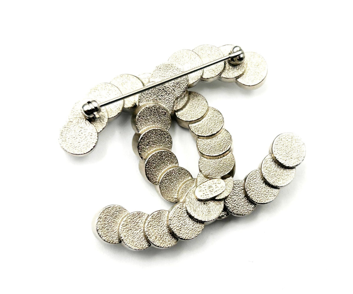 CHANEL Rare Silver CC Mother of Pearl Button Brooch