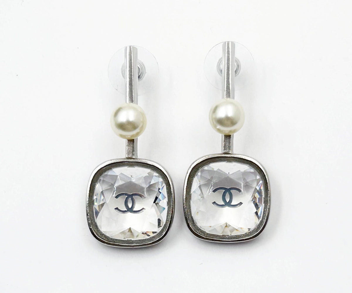 CHANEL Silver CC Princess Crystal Geo Pearl Large Drop Piercing Earrings