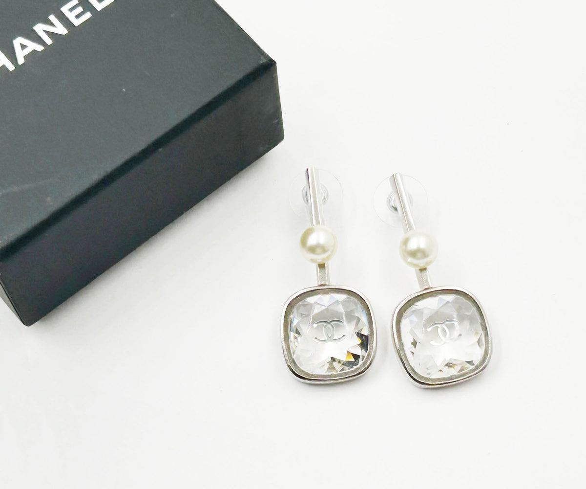 CHANEL Silver CC Princess Crystal Geo Pearl Large Drop Piercing Earrings