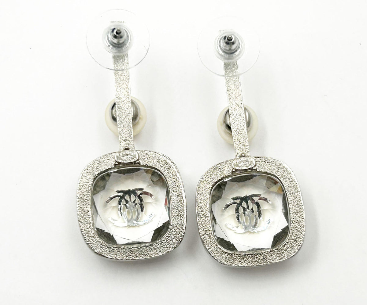 CHANEL Silver CC Princess Crystal Geo Pearl Large Drop Piercing Earrings