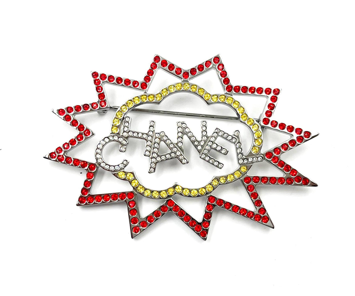 CHANEL Silver CC Red Gold Crystal Bang Large Brooch