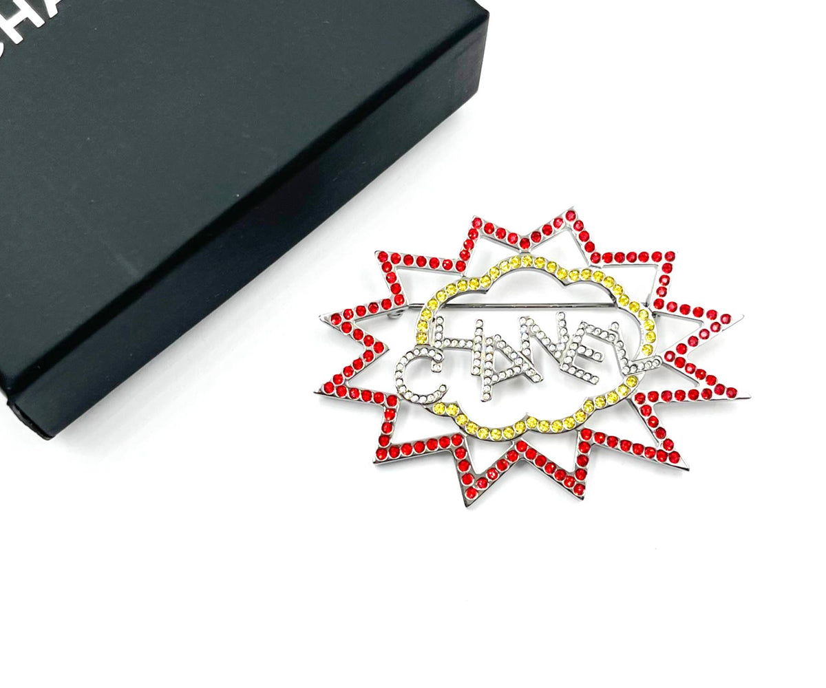 CHANEL Silver CC Red Gold Crystal Bang Large Brooch