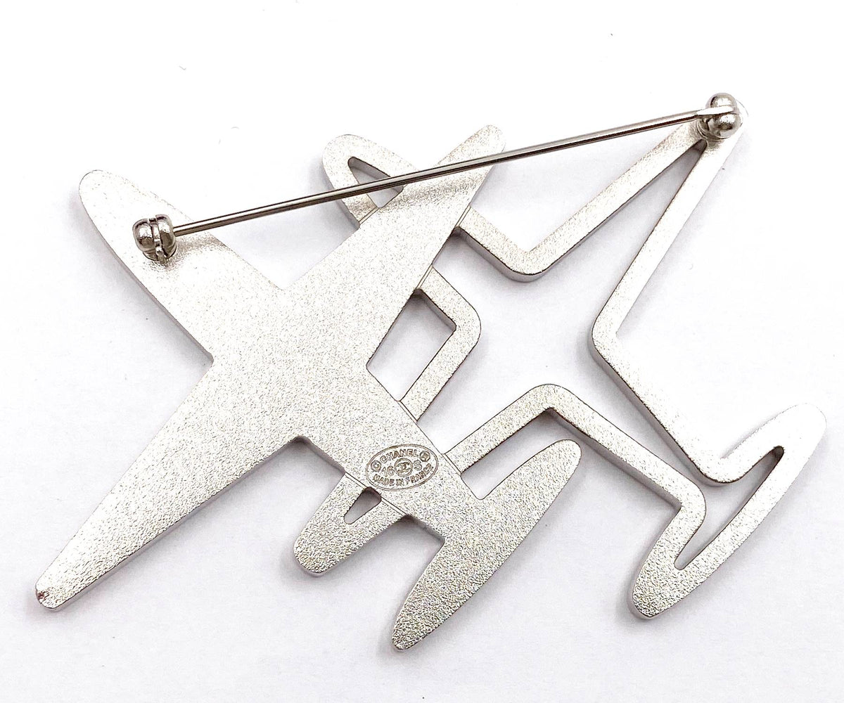 CHANEL Silver Double Plane Crystal Large Brooch
