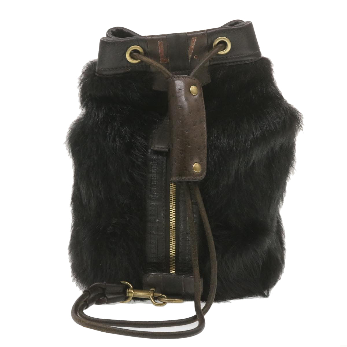 LOUIS VUITTON V line Shoulder Bag fur Black LV Auth th1021