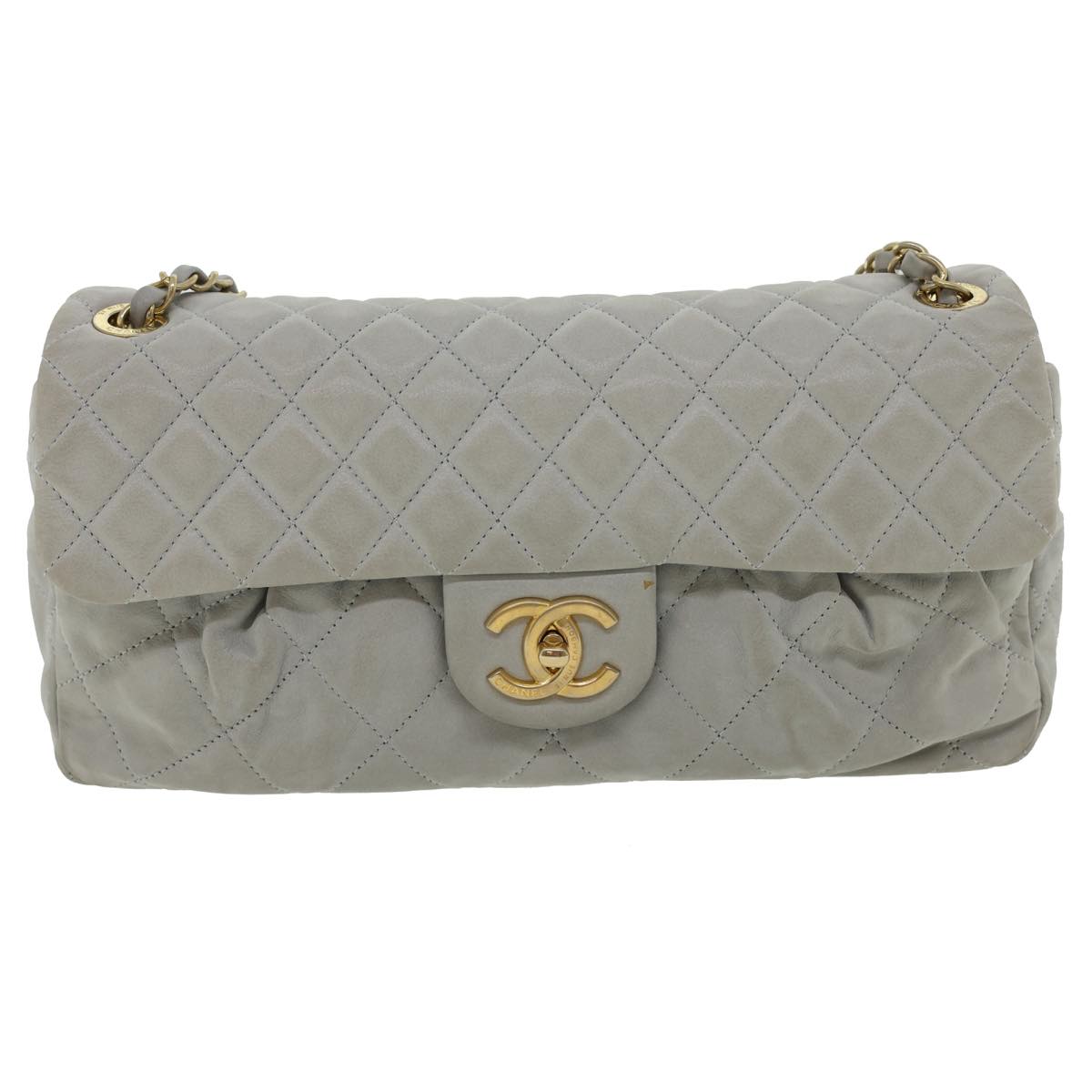 CHANEL Lamb Skin Matelasse Double Chain Shoulder Bag Gray CC Auth am1097gA