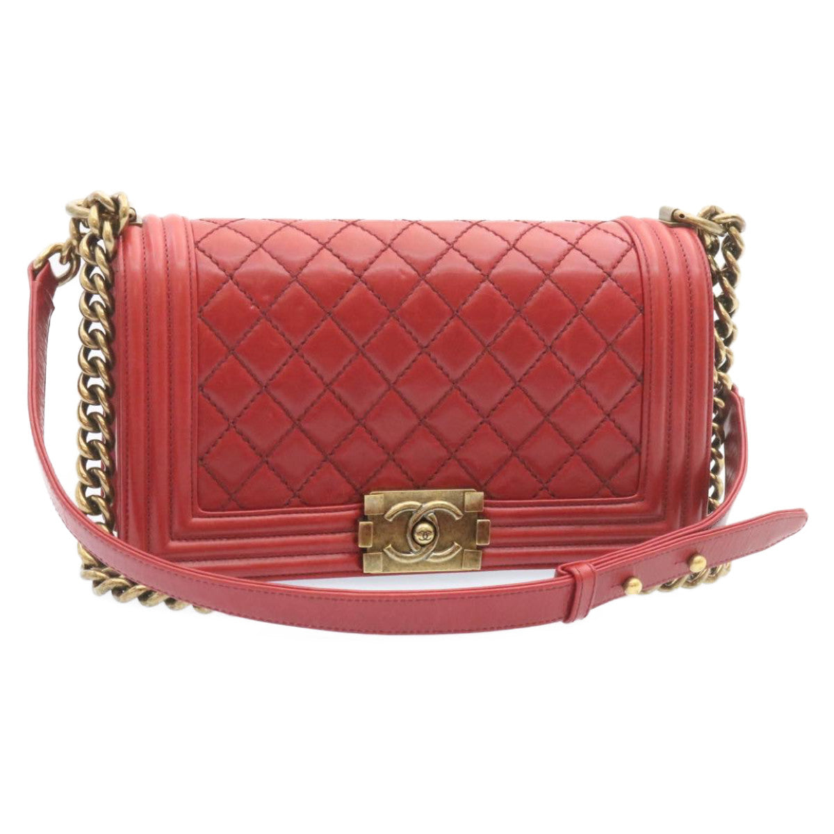 CHANEL Boy  Matelasse Chain Flap Shoulder Bag Leather Red CC Auth knn010
