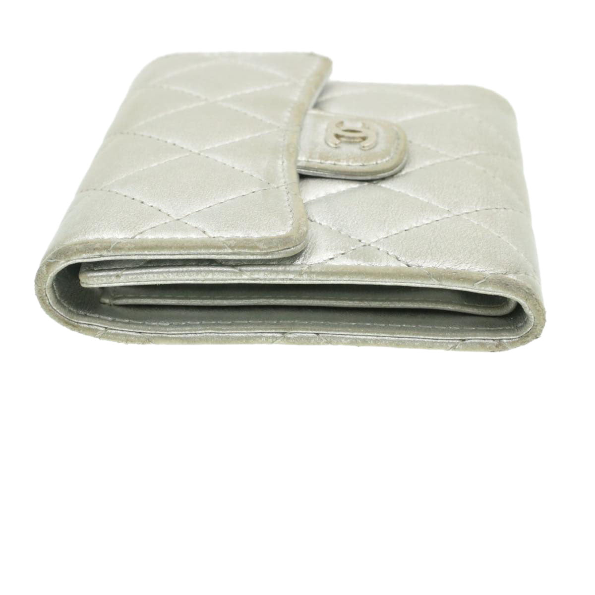 CHANEL Matelasse Bifold Wallet Silver CC Auth cr620