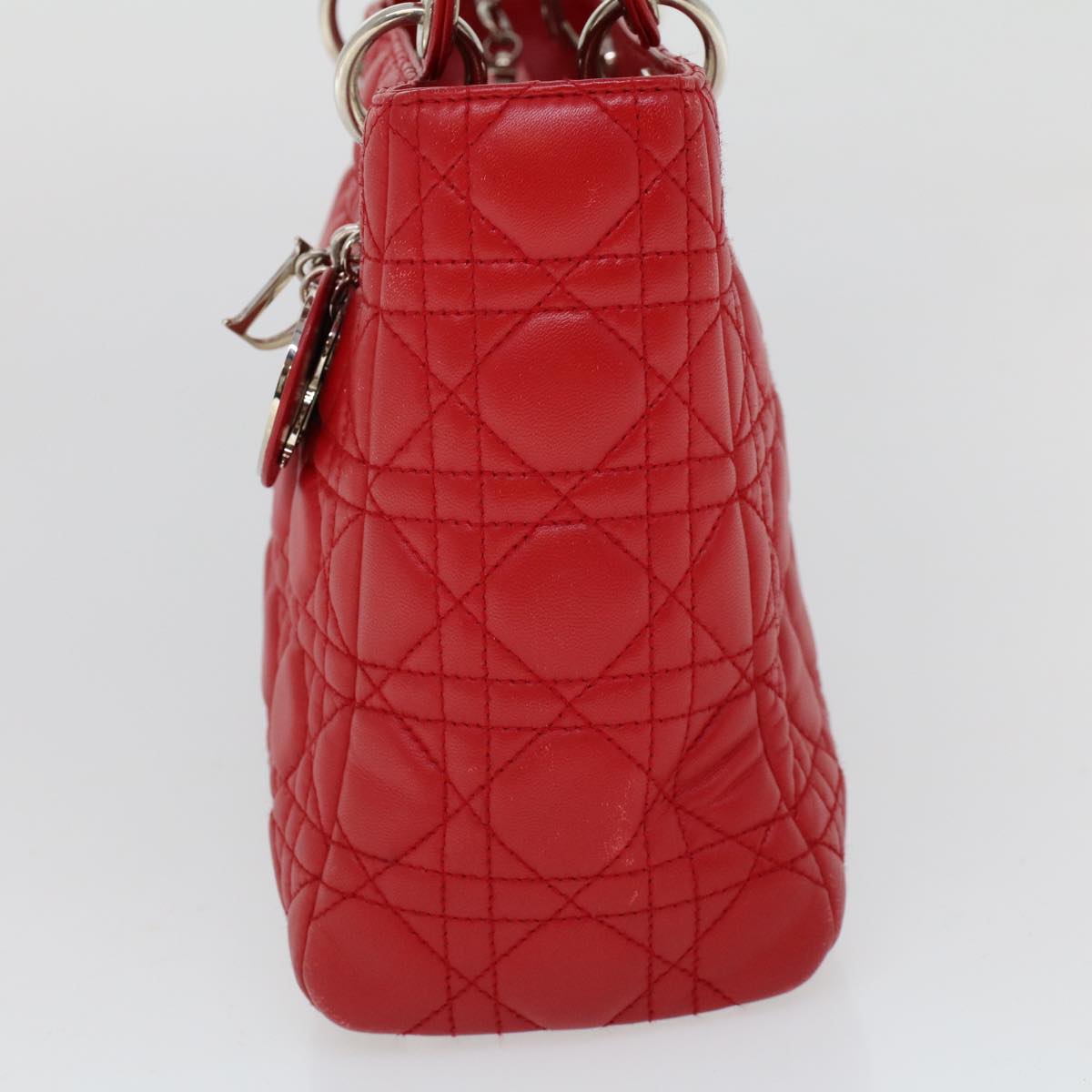 CHRISTIAN DIOR Lady Dior Canage Hand Bag Lamb Skin Red Auth 32628A