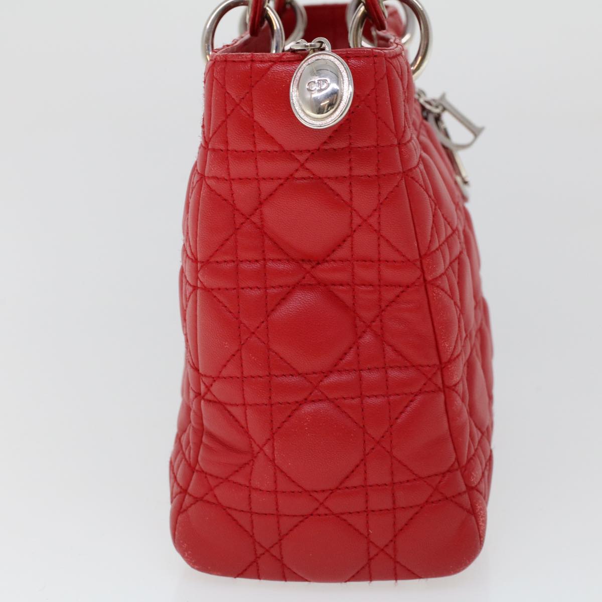 CHRISTIAN DIOR Lady Dior Canage Hand Bag Lamb Skin Red Auth 32628A